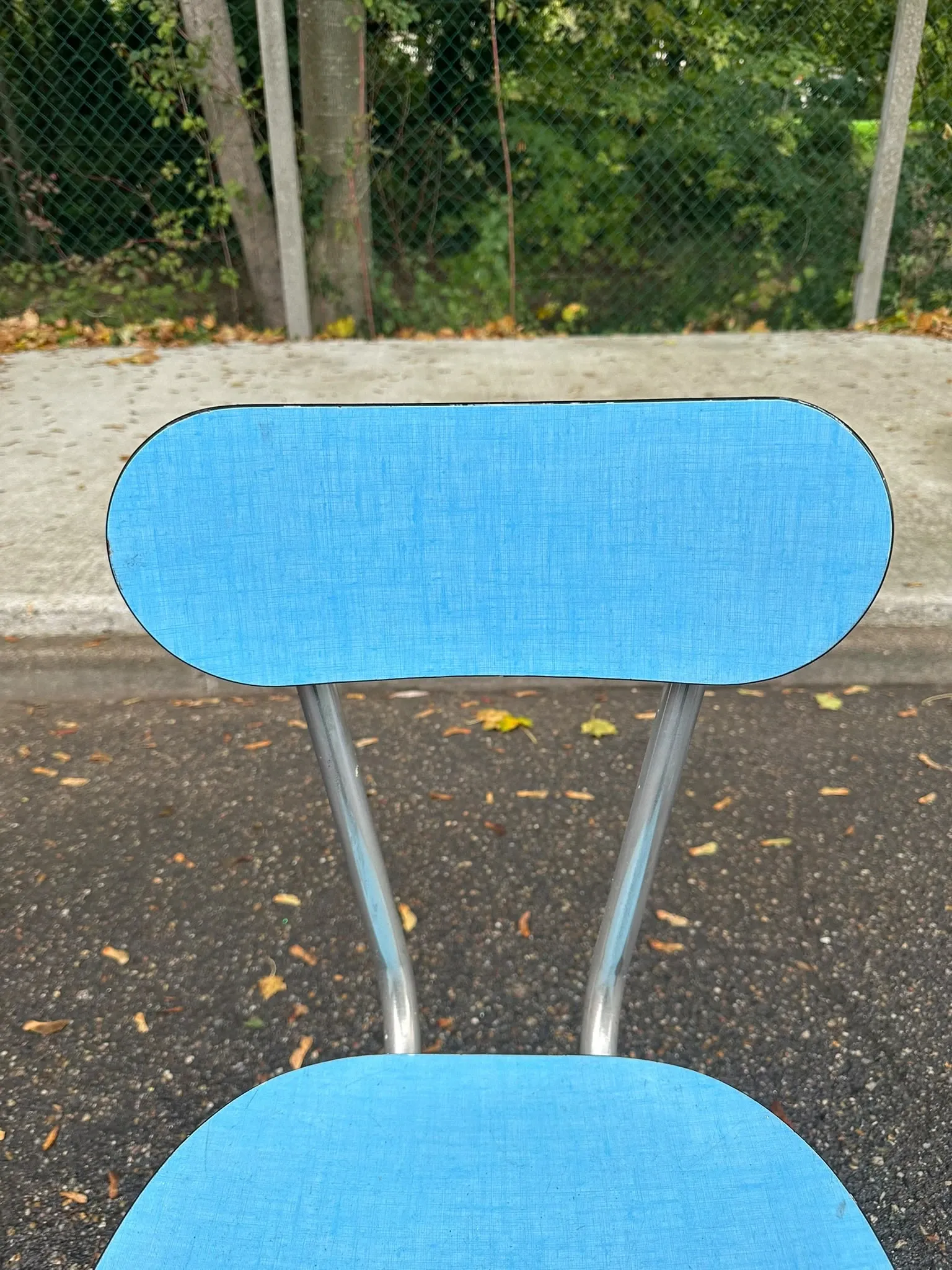 Vintage chair in sky blue Formica with chrome metal 1