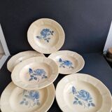 Set of 6 Digoin Sarreguemines soup plates decorated with blue roses