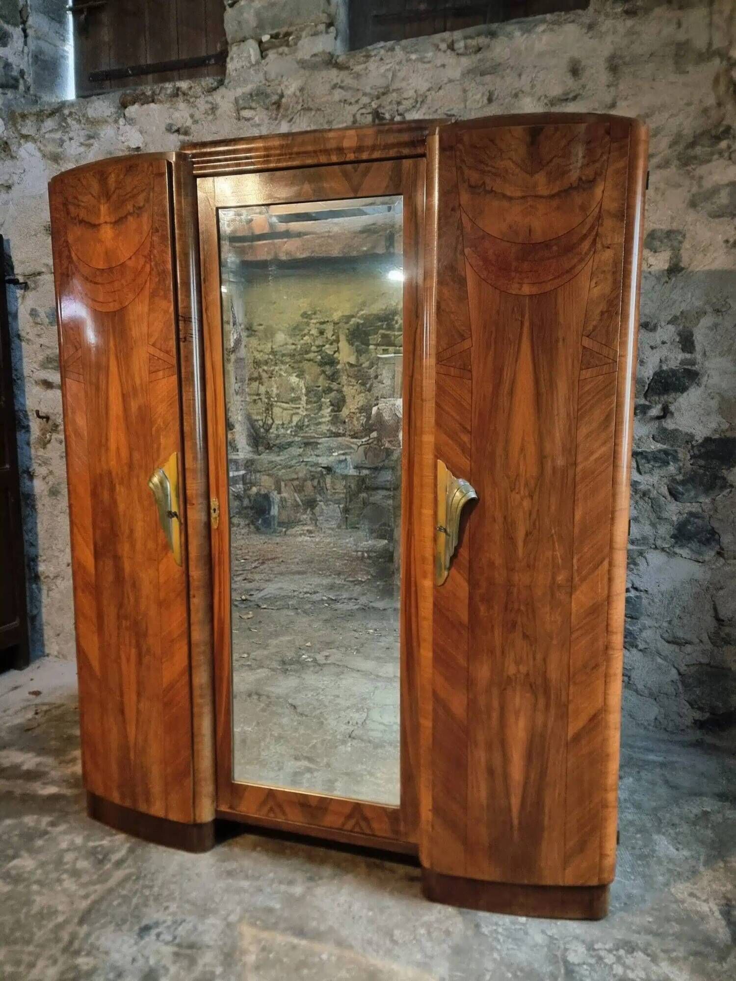 French Art Deco walnut wardrobe with mirror, 1930s