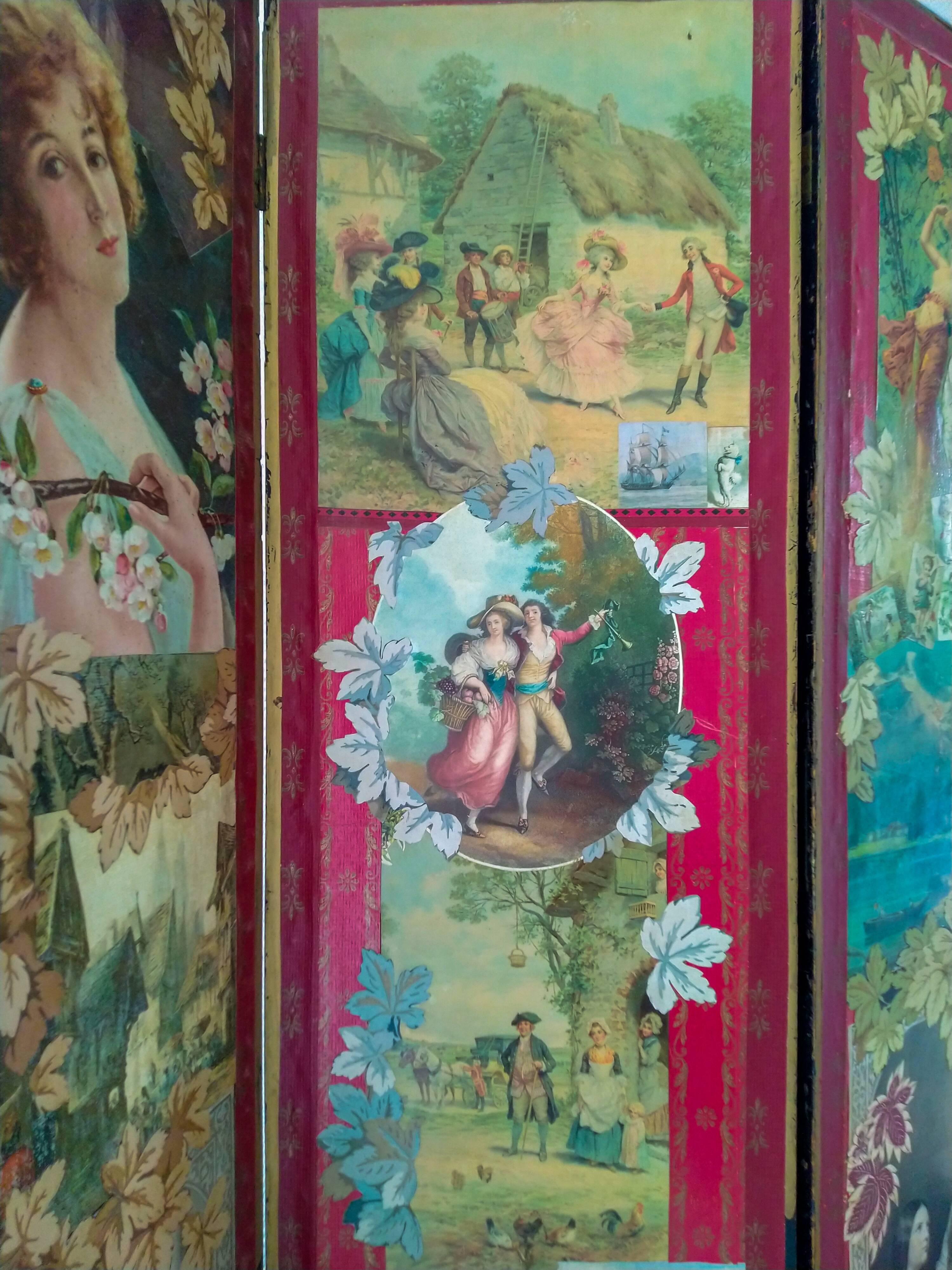 English Victorian 3-panel screen with varnished chromos