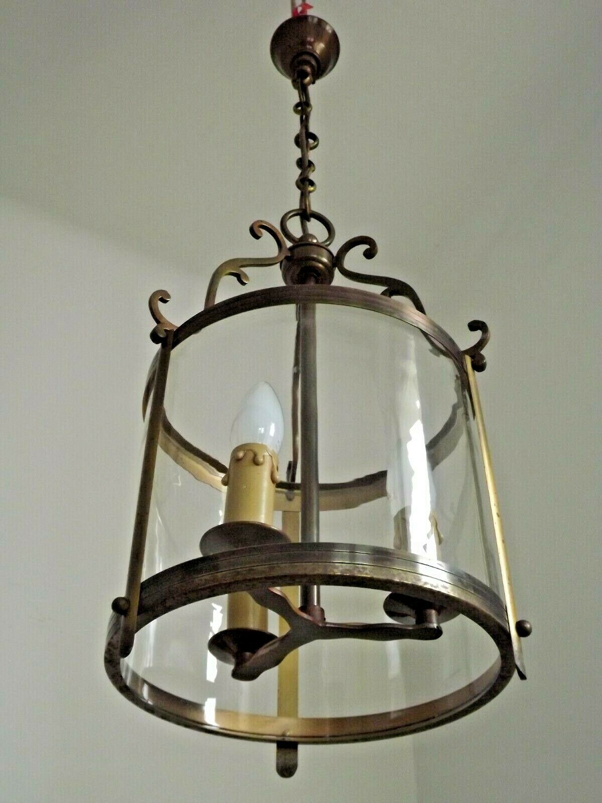 Large Vintage French Brass Cylindrical Glass 3 Light Hanging Hall Lantern