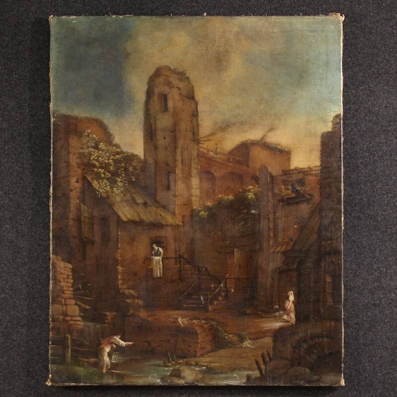 Antique Spanish landscape painting from the 18th century