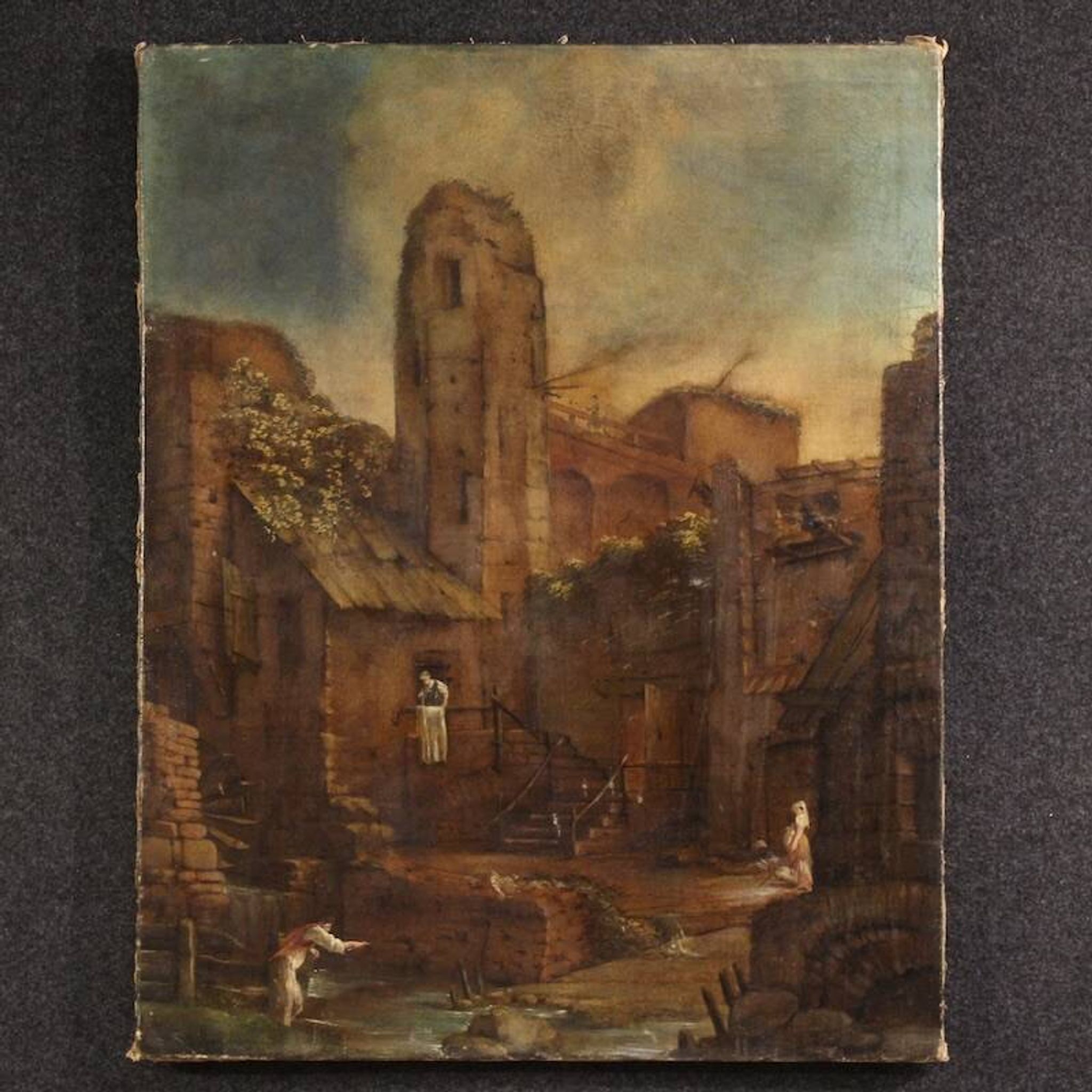 Antique Spanish landscape painting from the 18th century
