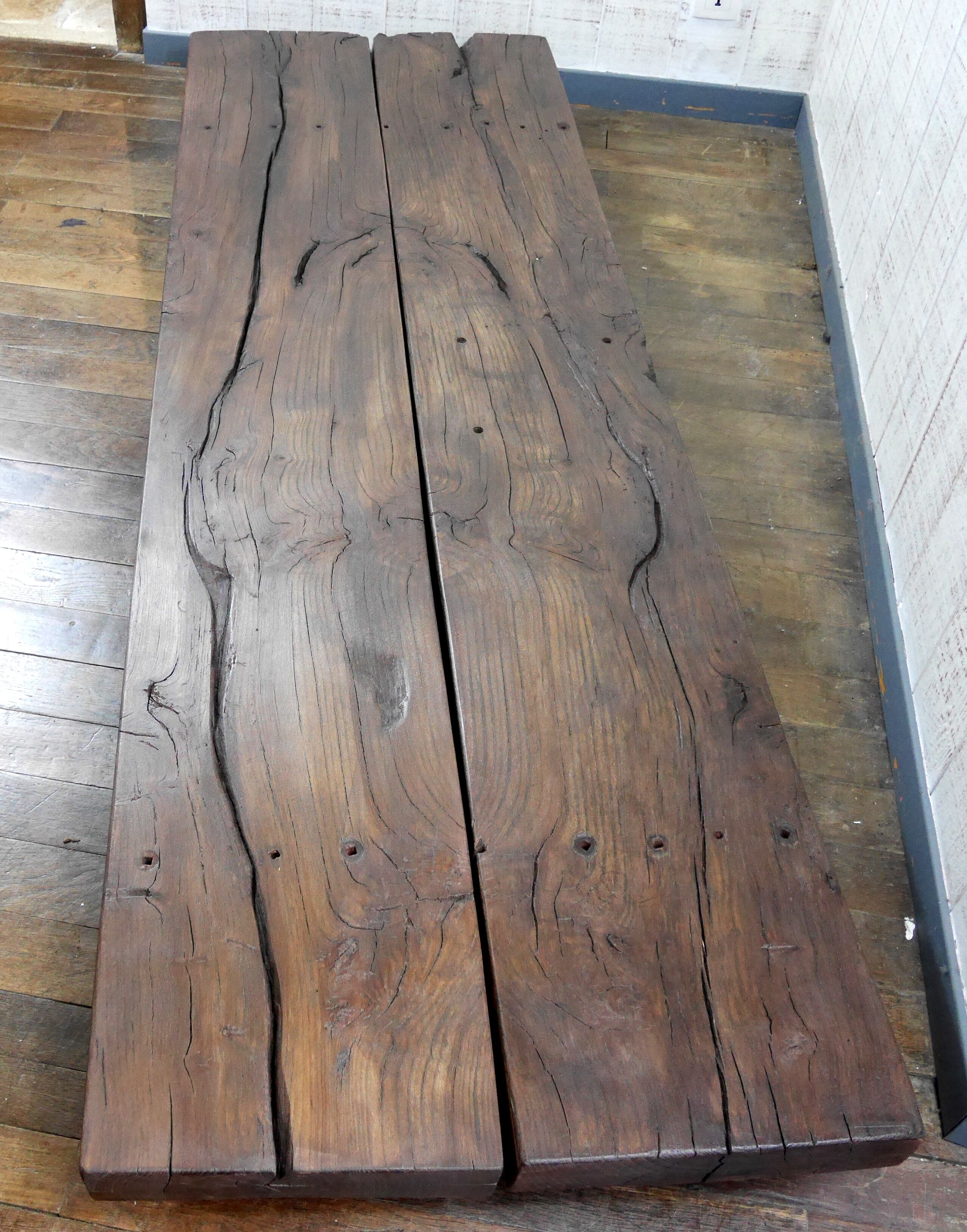 pair long coffee table solid wood brutalist