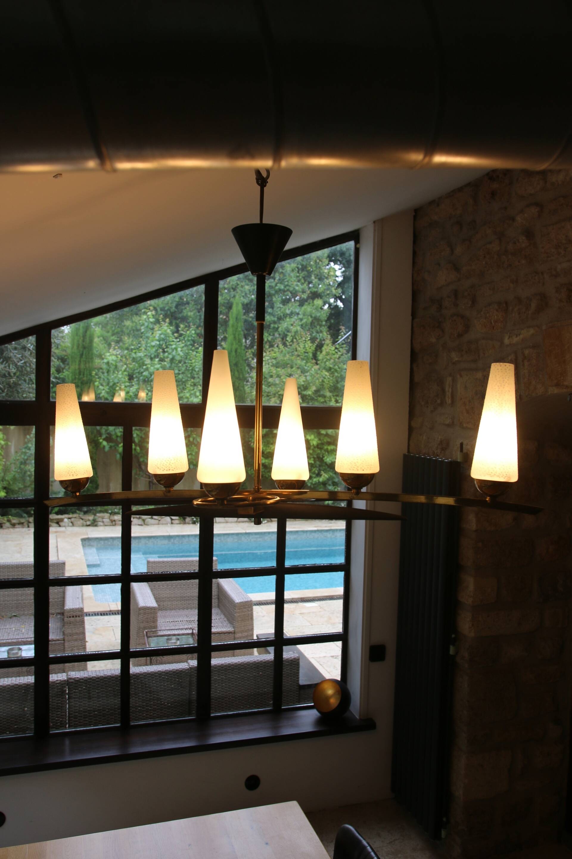 Mid-Century 6-Light Chandelier - Opaline and Brass