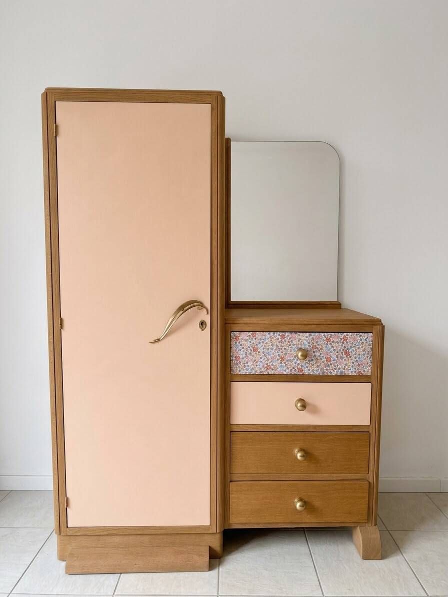 Asymmetrical floral wardrobe, natural oak & powder pink