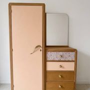 Asymmetrical floral wardrobe, natural oak & powder pink