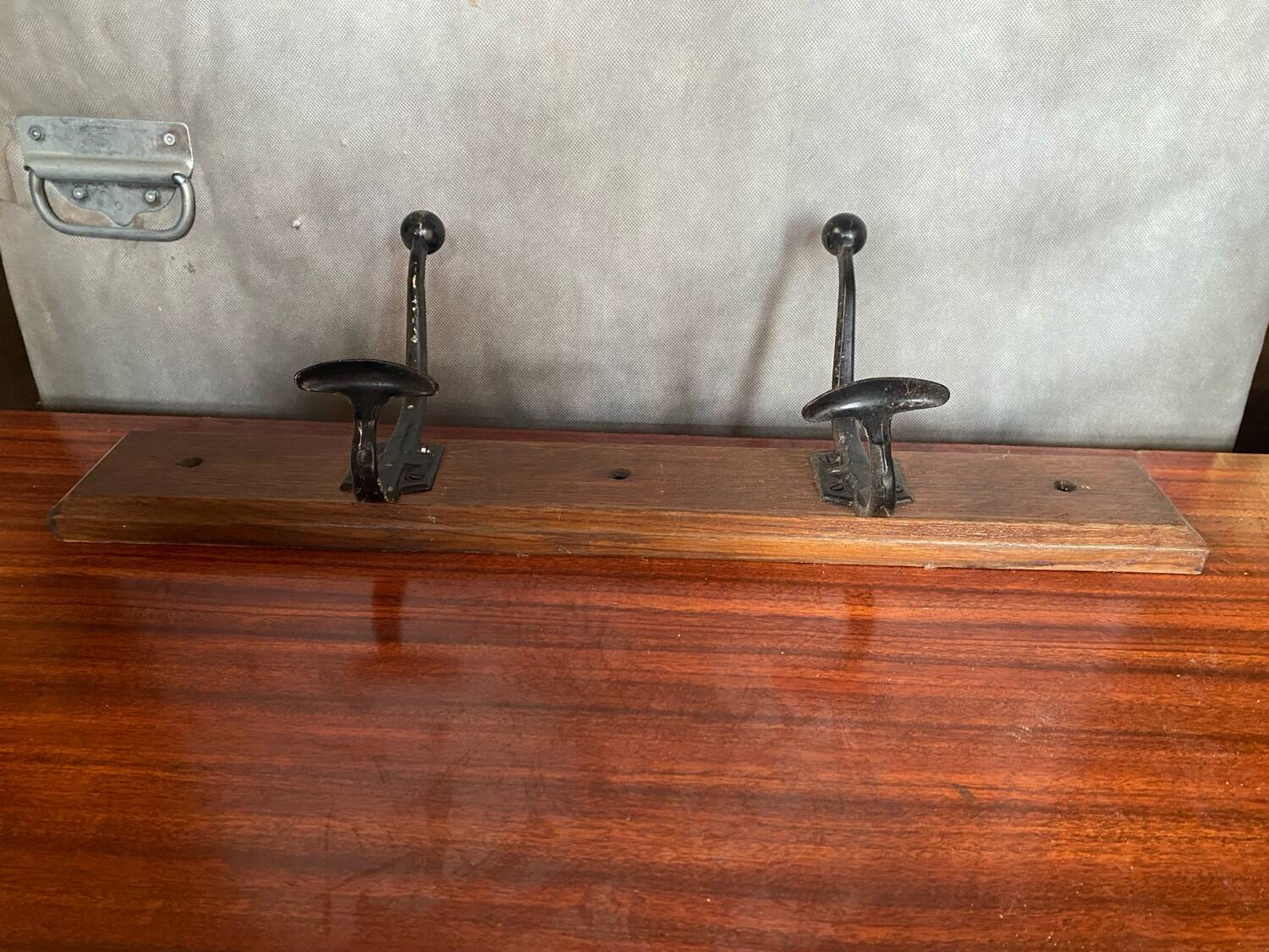 Old wooden coat rack + 2 double black metal hooks