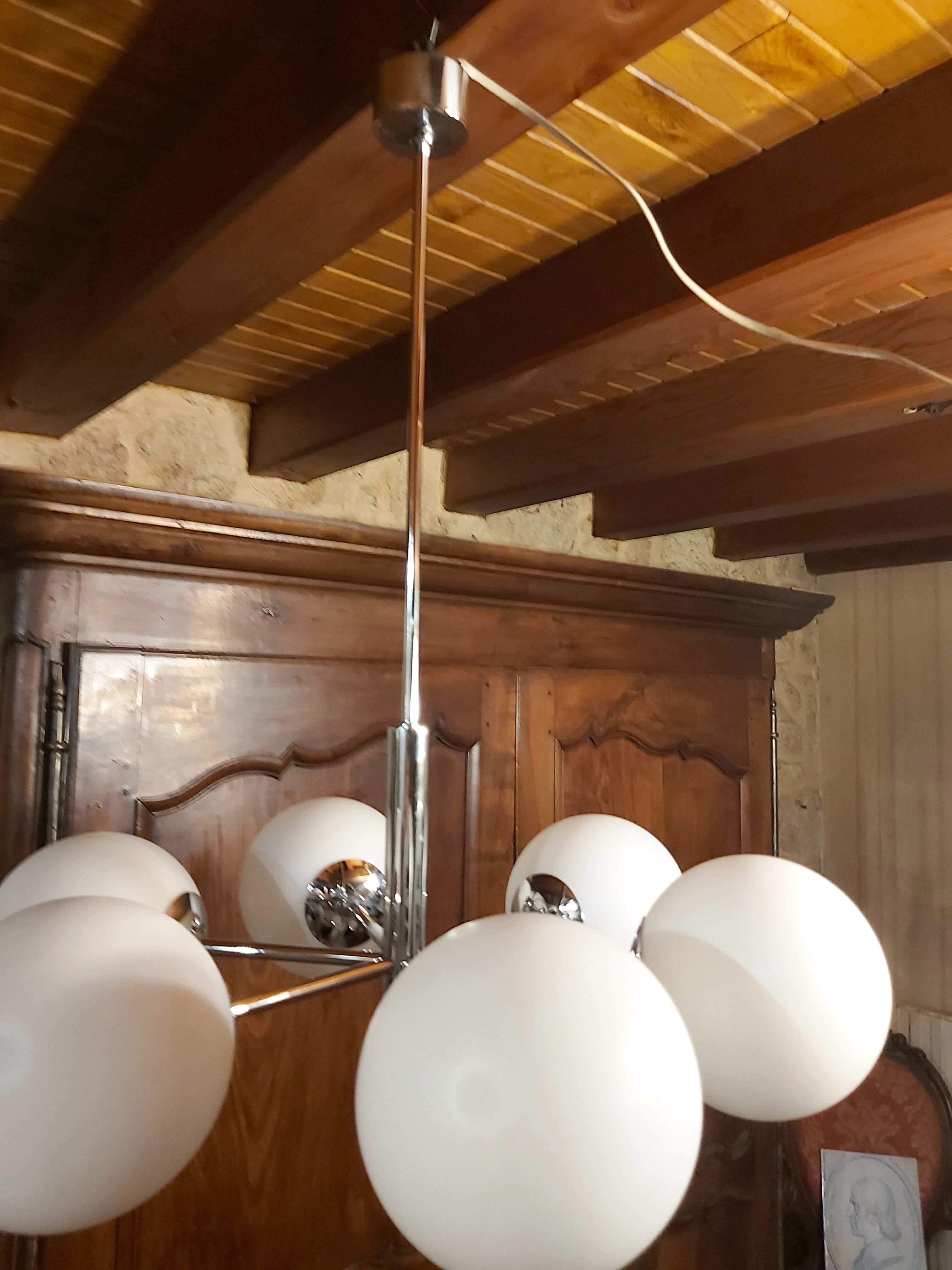 Chrome Sputnik chandelier and white frosted glass globes