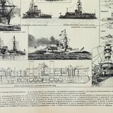 Gravure ancienne 1898, Cuirassé ancien, navire, marine • Lithographie, Planche originale