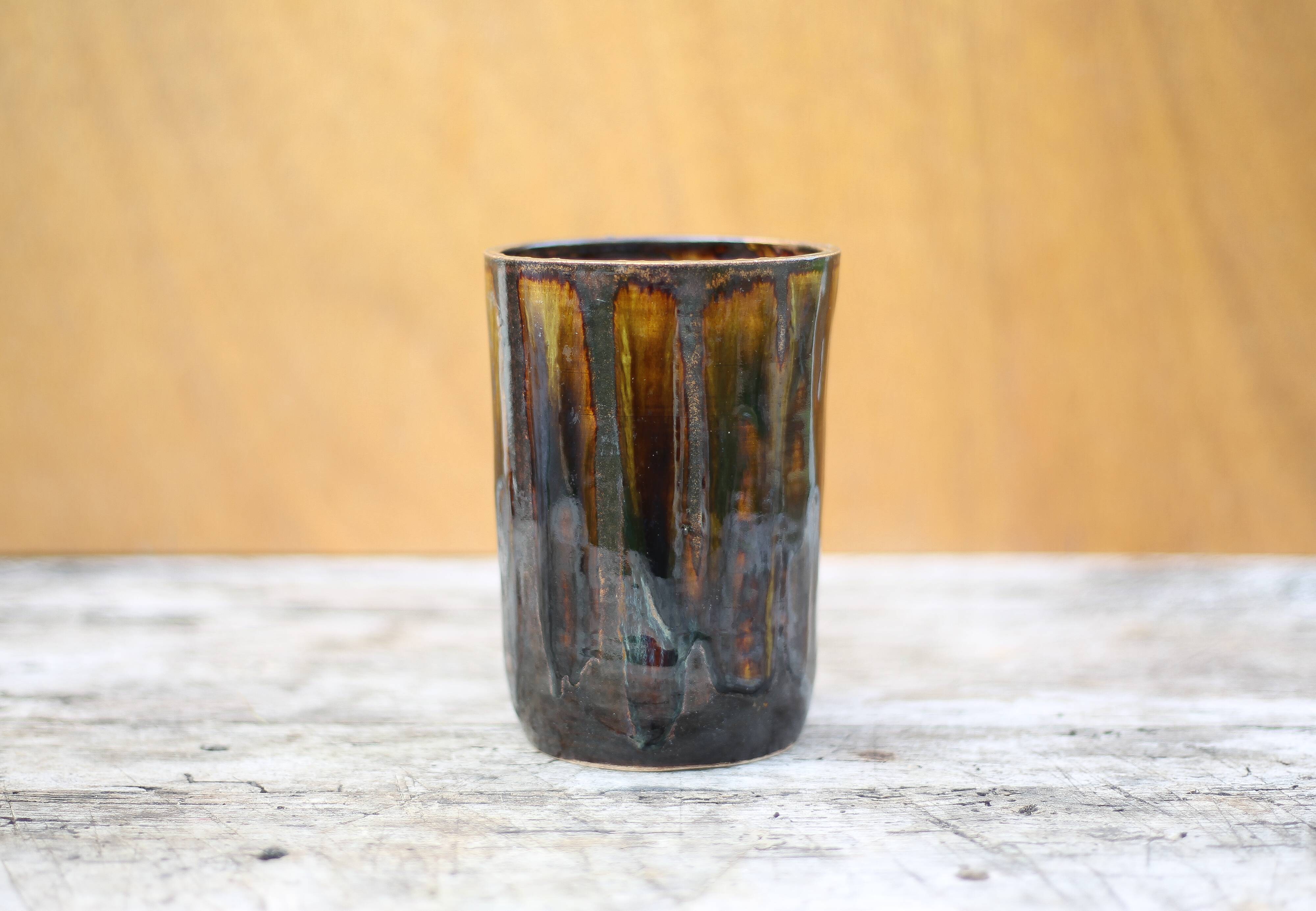 Glazed stoneware vase with drips, vintage signed vase, flower pot