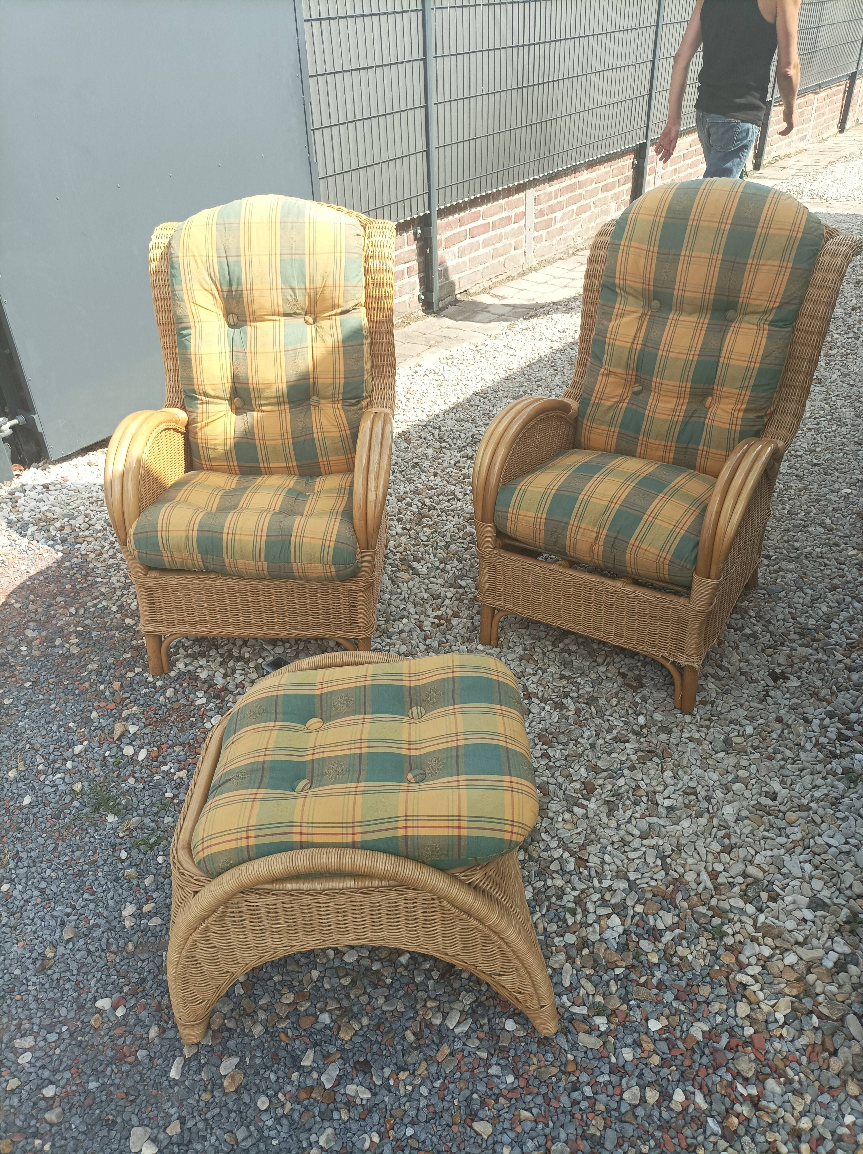 Pair of old armchairs wicker rattan & foot rest vintage year 60