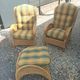 Pair of old armchairs wicker rattan & foot rest vintage year 60