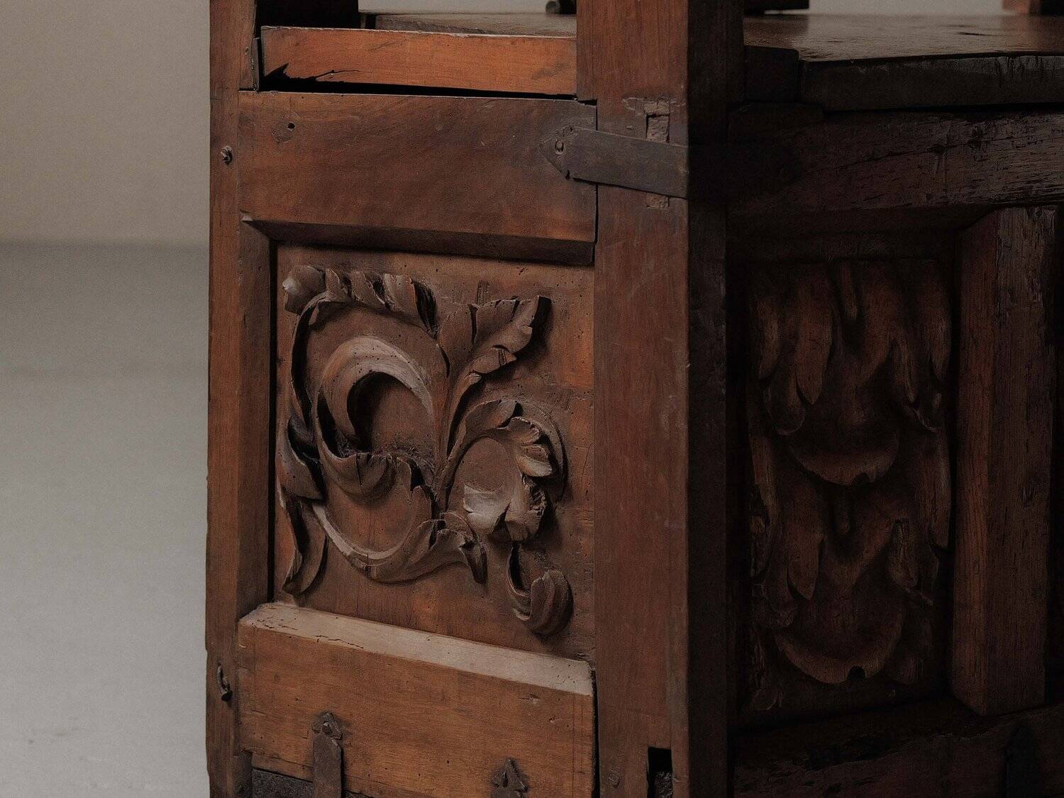 Carved solid wood bench-chest, 18th century