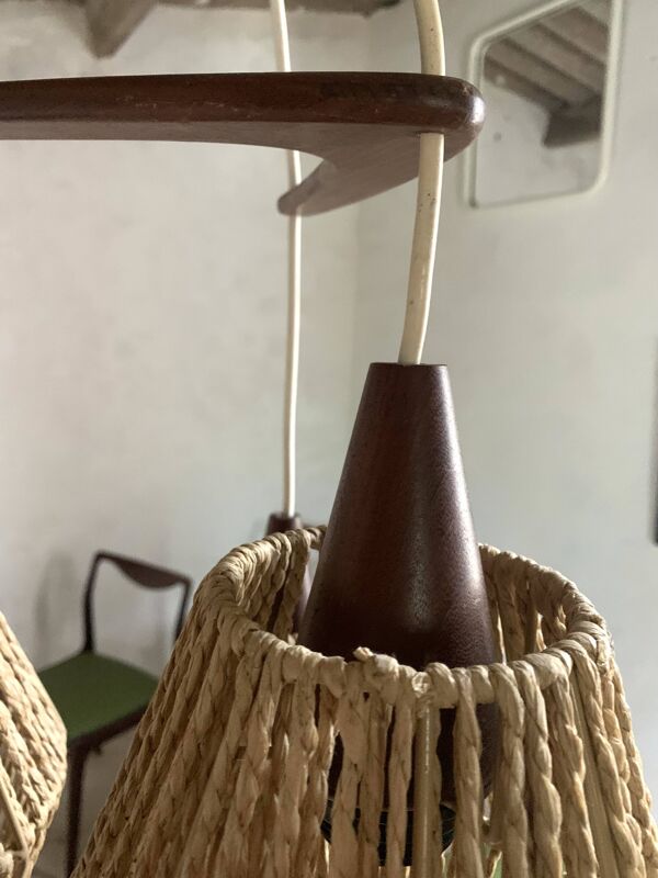 Suspension boomerang scandinave vintage teck et corde