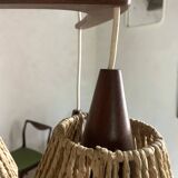 Vintage Scandinavian boomerang pendant light in teak and rope