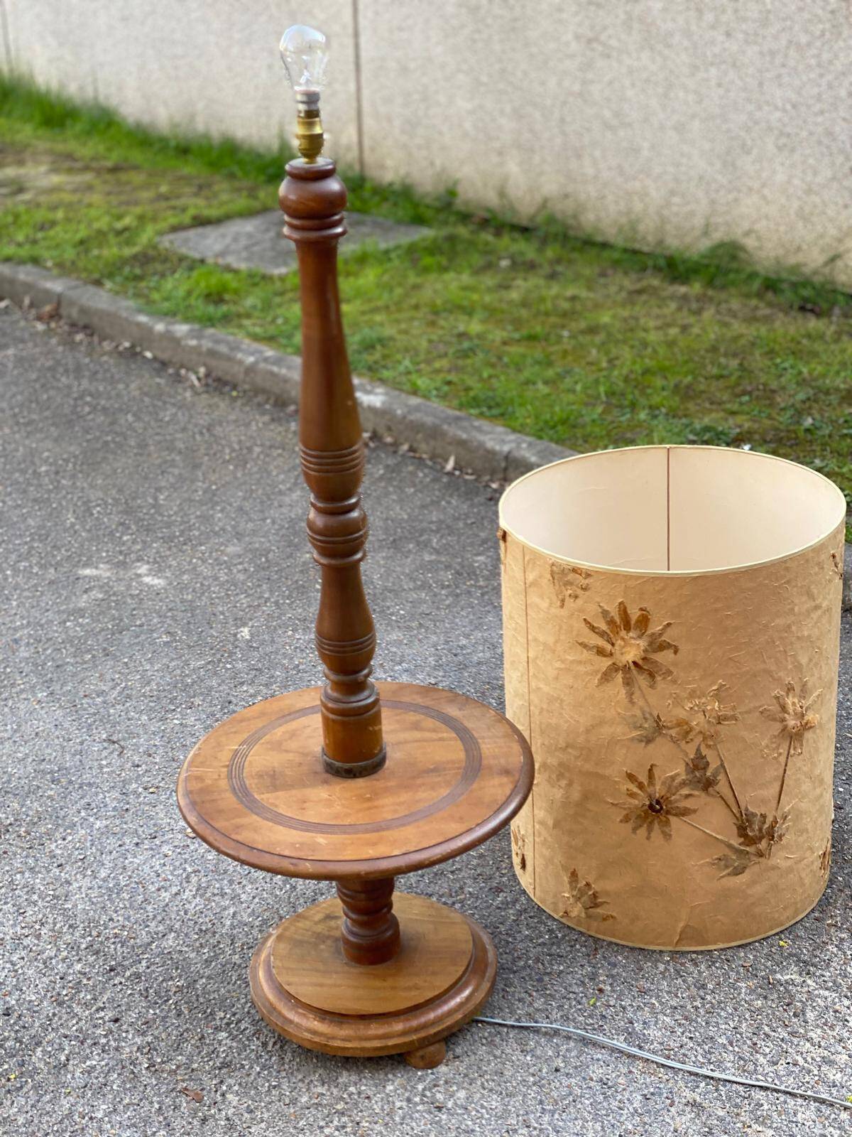 Art Deco floor lamp with wooden shelf and beige floral shade