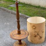 Art Deco floor lamp with wooden shelf and beige floral shade