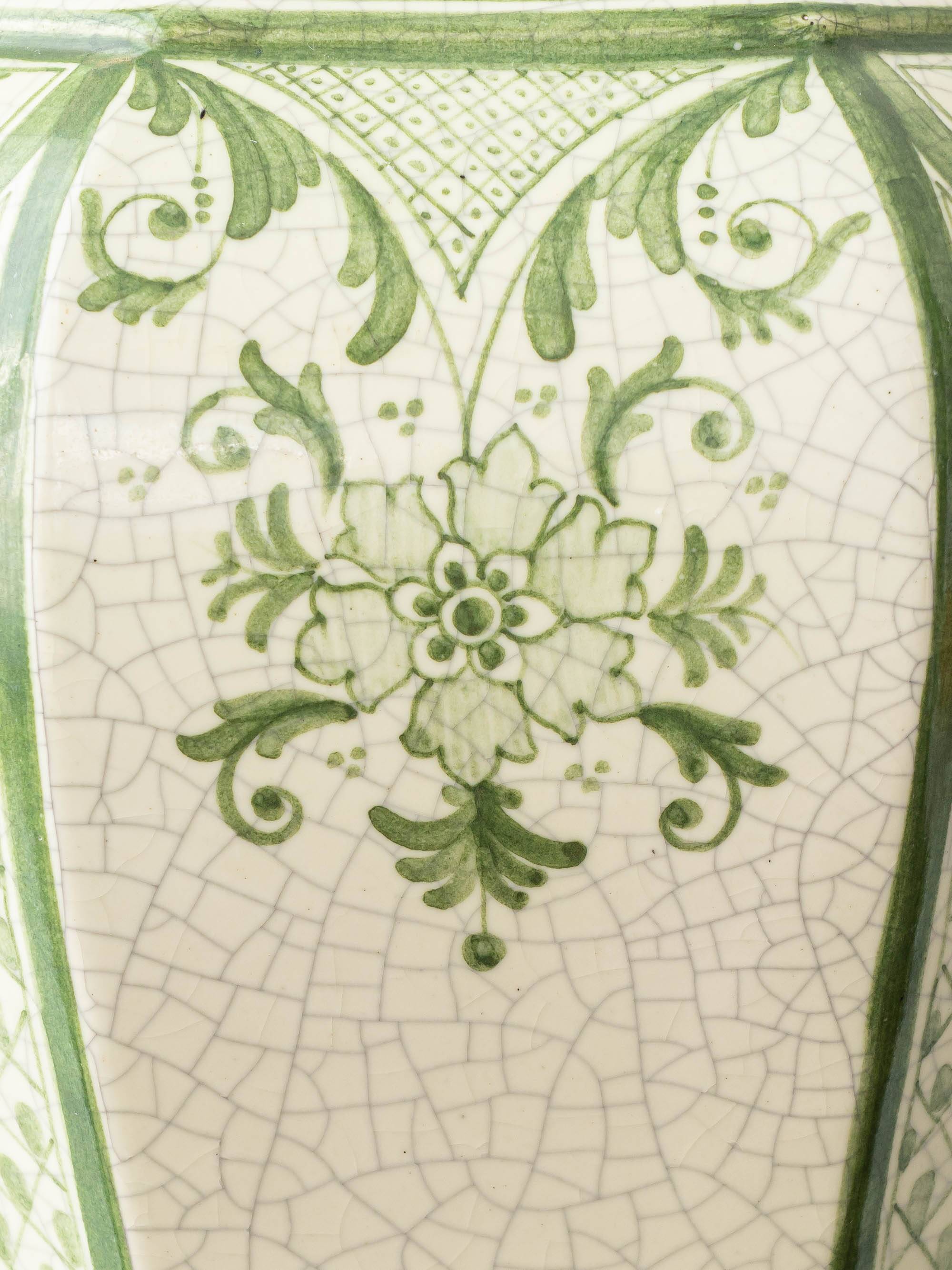 Spanish Revival Table Lamp in Green Ivory Crackle Ceramic, New Linen Shade