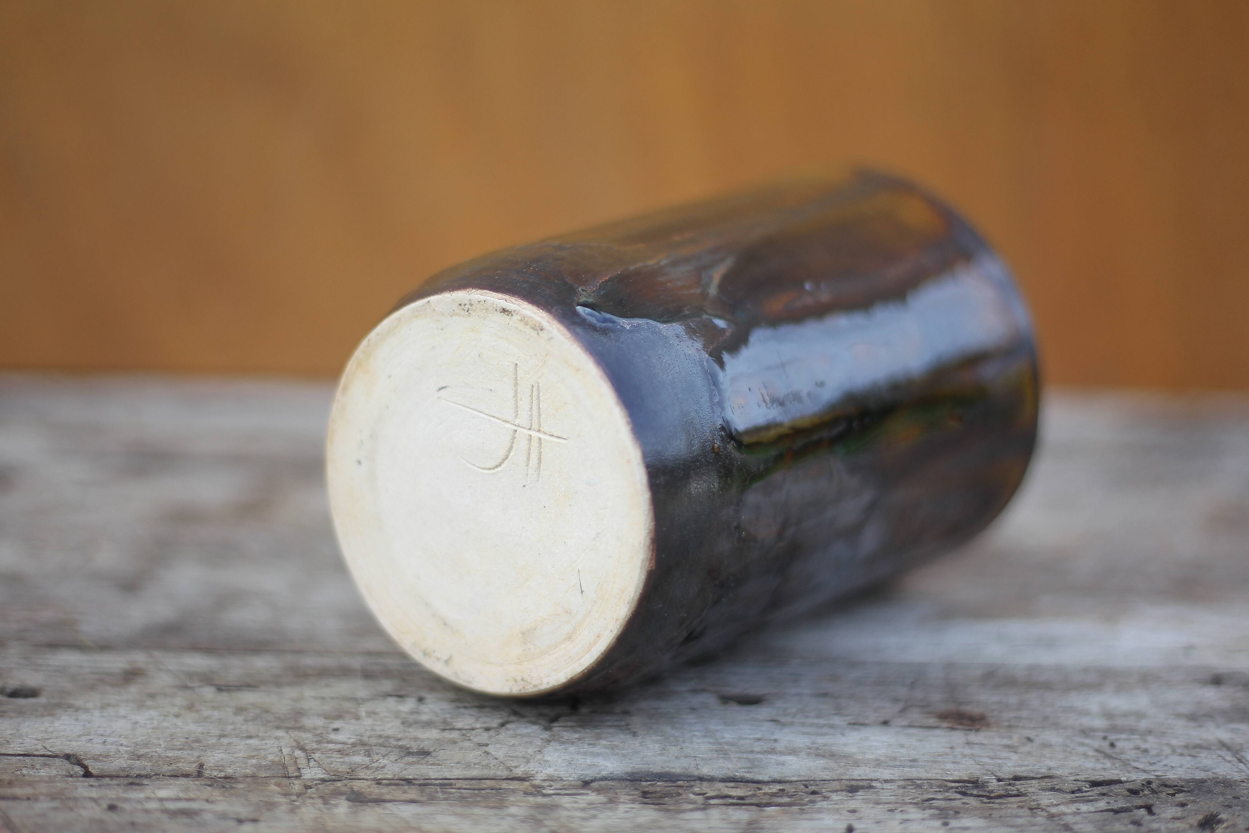 Glazed stoneware vase with drips, vintage signed vase, flower pot