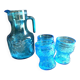 Vintage Fidenza Vetraria Italy pitcher and 3 blue glasses, 1950s