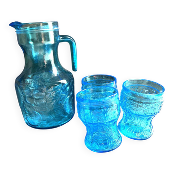 Pichet et 3 verres bleus Fidenza Vetraria Italy vintage années 1950