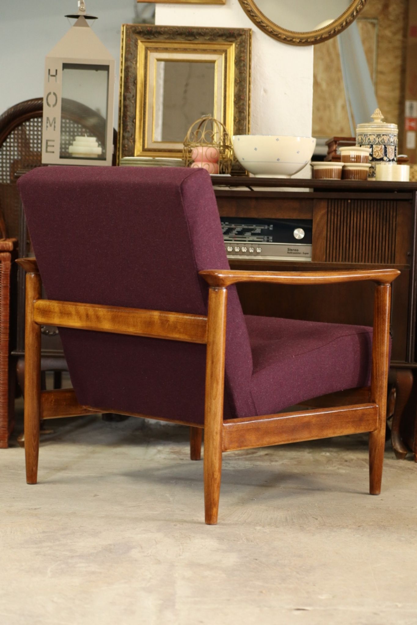 Oryginał wood armchair design by E. Homa 142 aubergine wool vintage chair modern