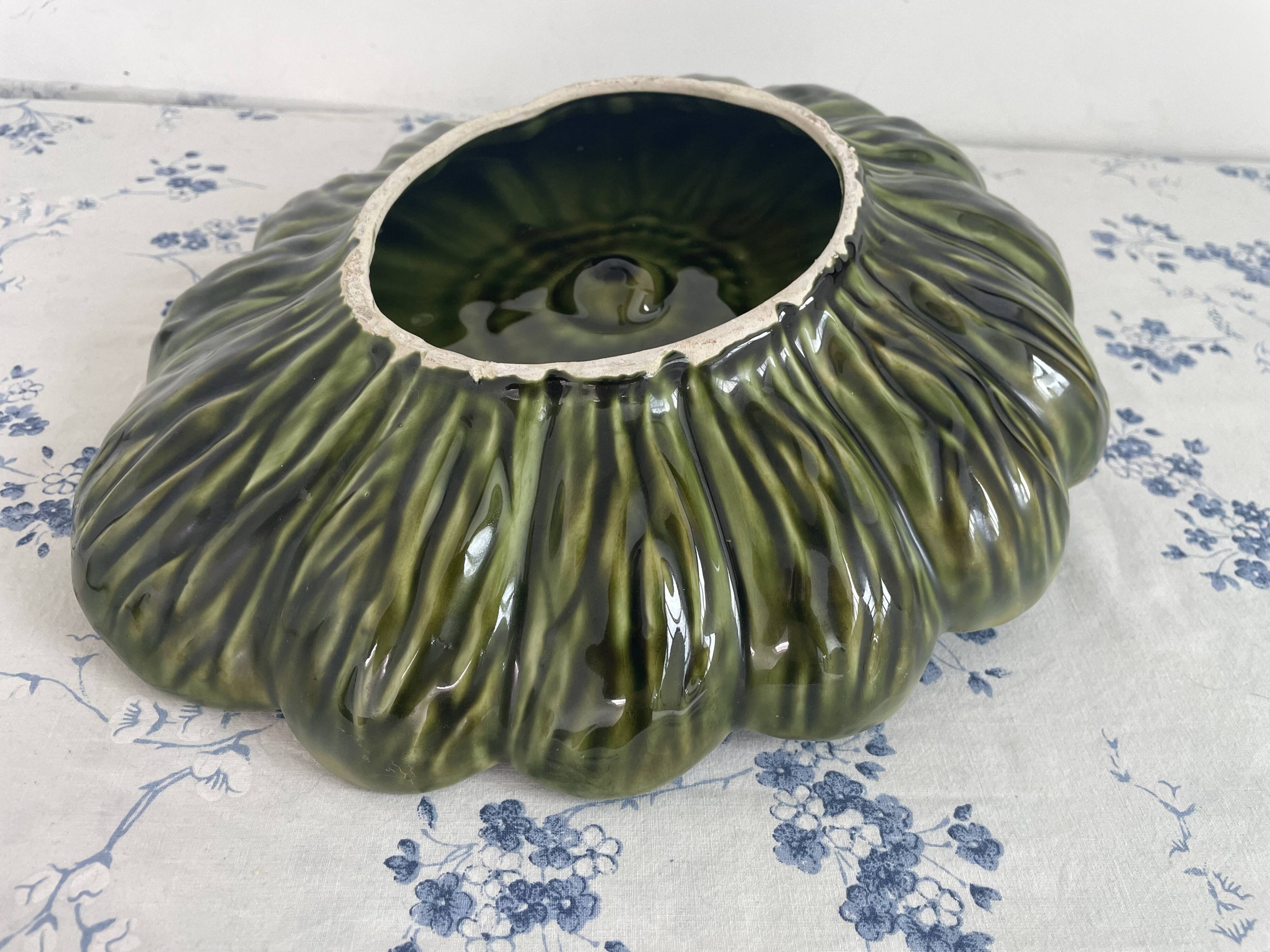 Large decorative dish, green ceramic flower, mid-20th century
