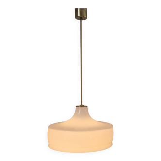 Rare Midcentury Brass and Milk Glass Pendant Kamenicky Senov, 1970s