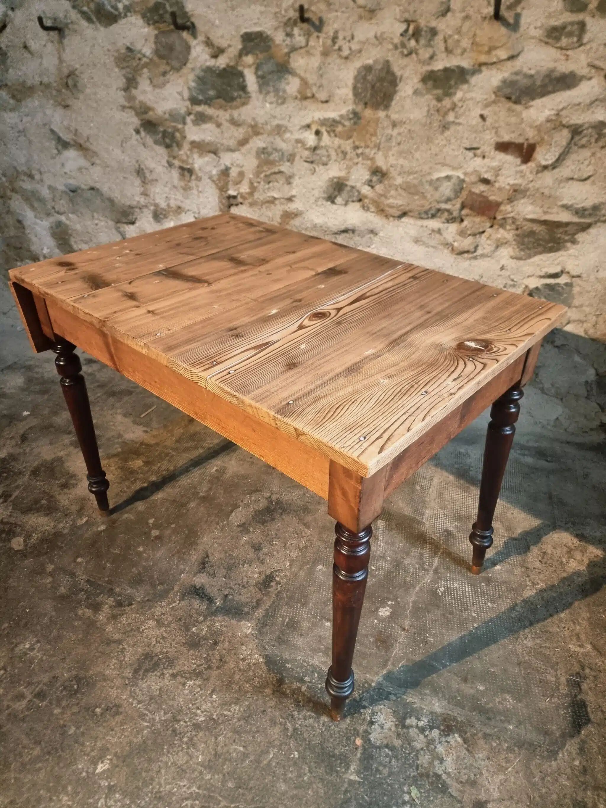 Vintage French pine table with extendable side, circa 1930, suitable for kitchen or office use.