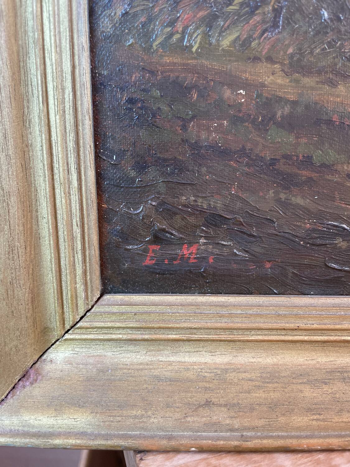 Oil painting of a riverside signed EM