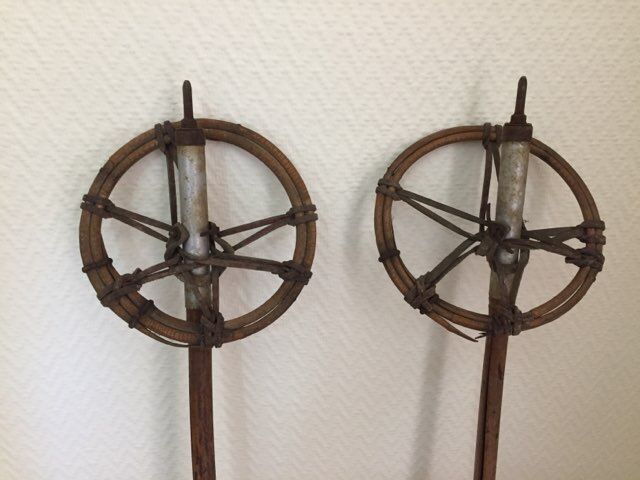 Wooden skis and vintage bamboo sticks