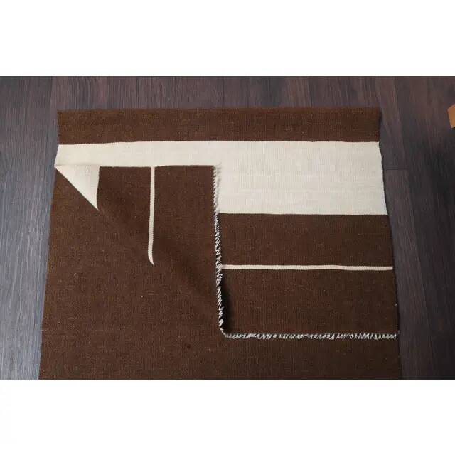 Vintage Turkish Hand-Knotted Wool Cotton Brown Kilim Runner Rug 60x176