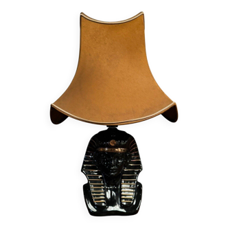Black ceramic sphinx or pharaoh lamp 1980 brown lampshade