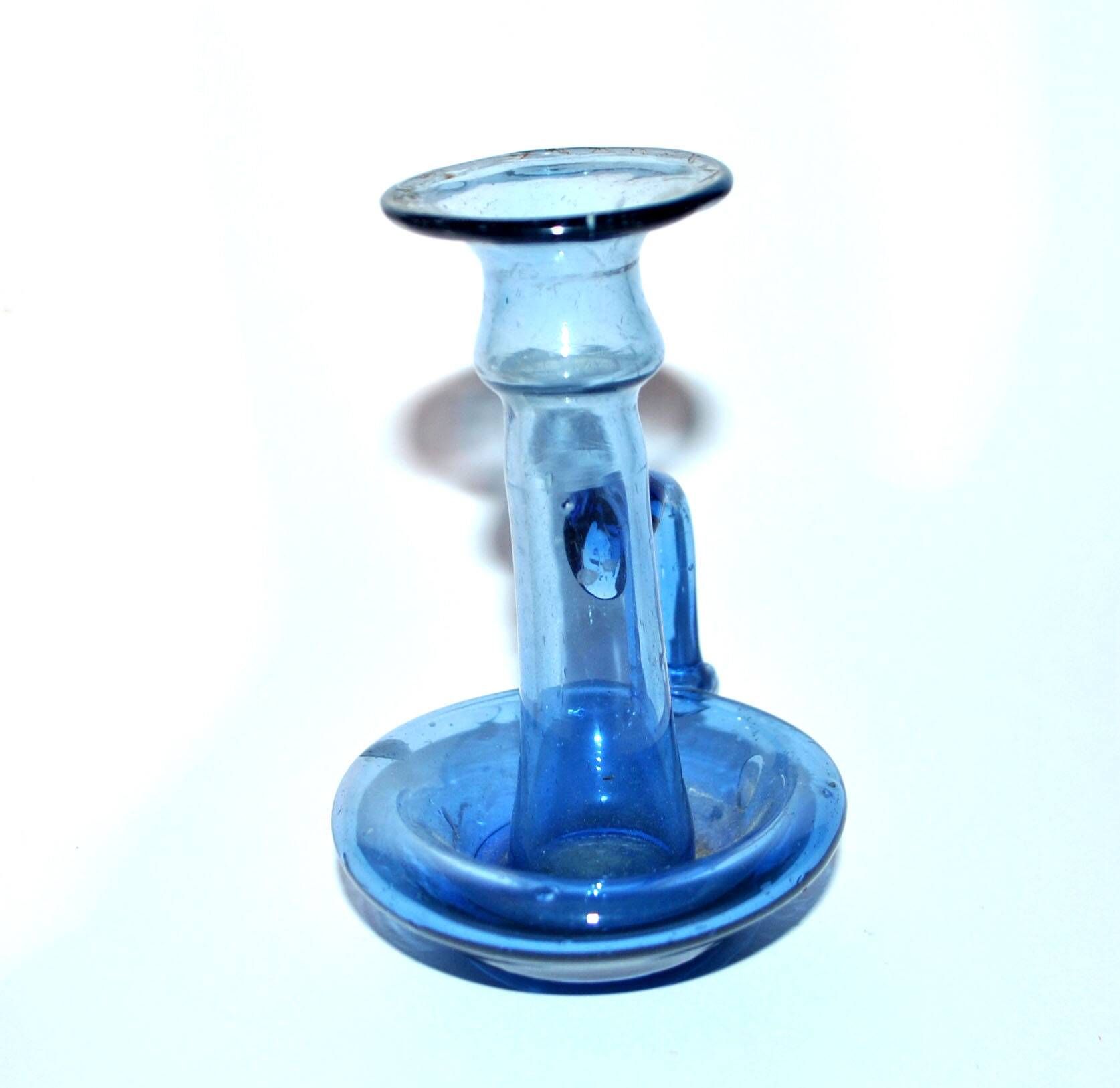 Antique candle holder in blue blown glass ras de cave folk art 19th c.