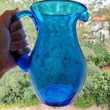 Blue carafe in bubbled blown glass similar to Biot glassware