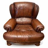 Vintage English Leather Wingback Armchair – 1980s