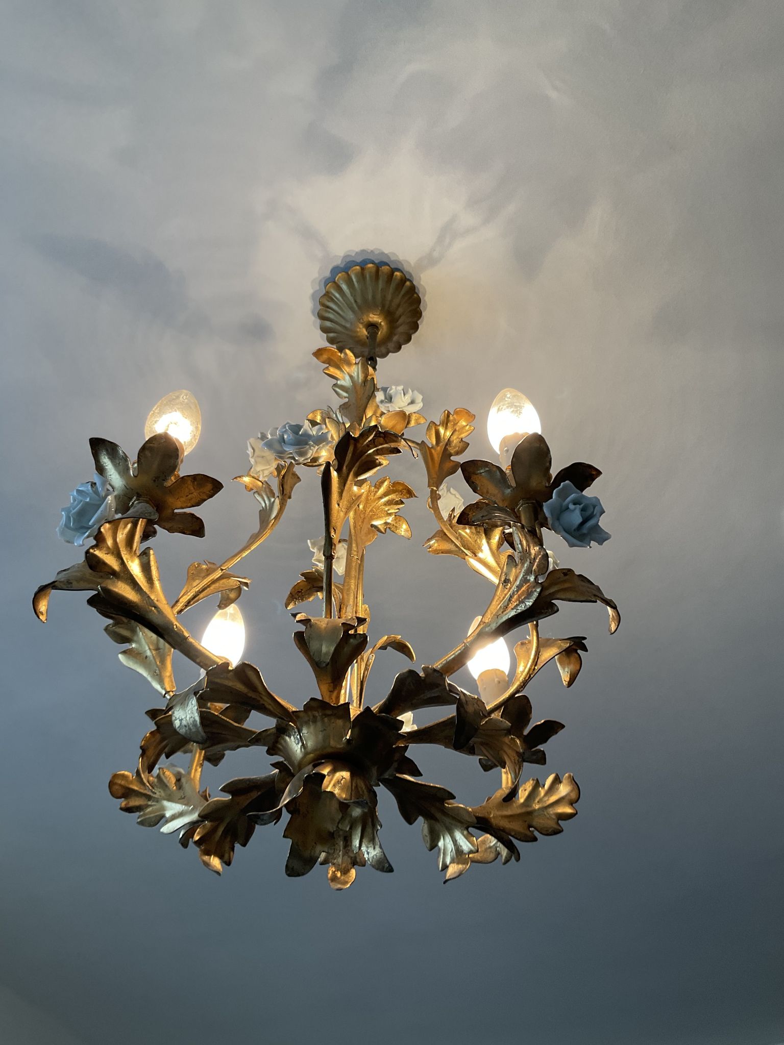 Italian cage chandelier golden leaves and porcelain flowers