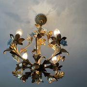 Italian cage chandelier golden leaves and porcelain flowers