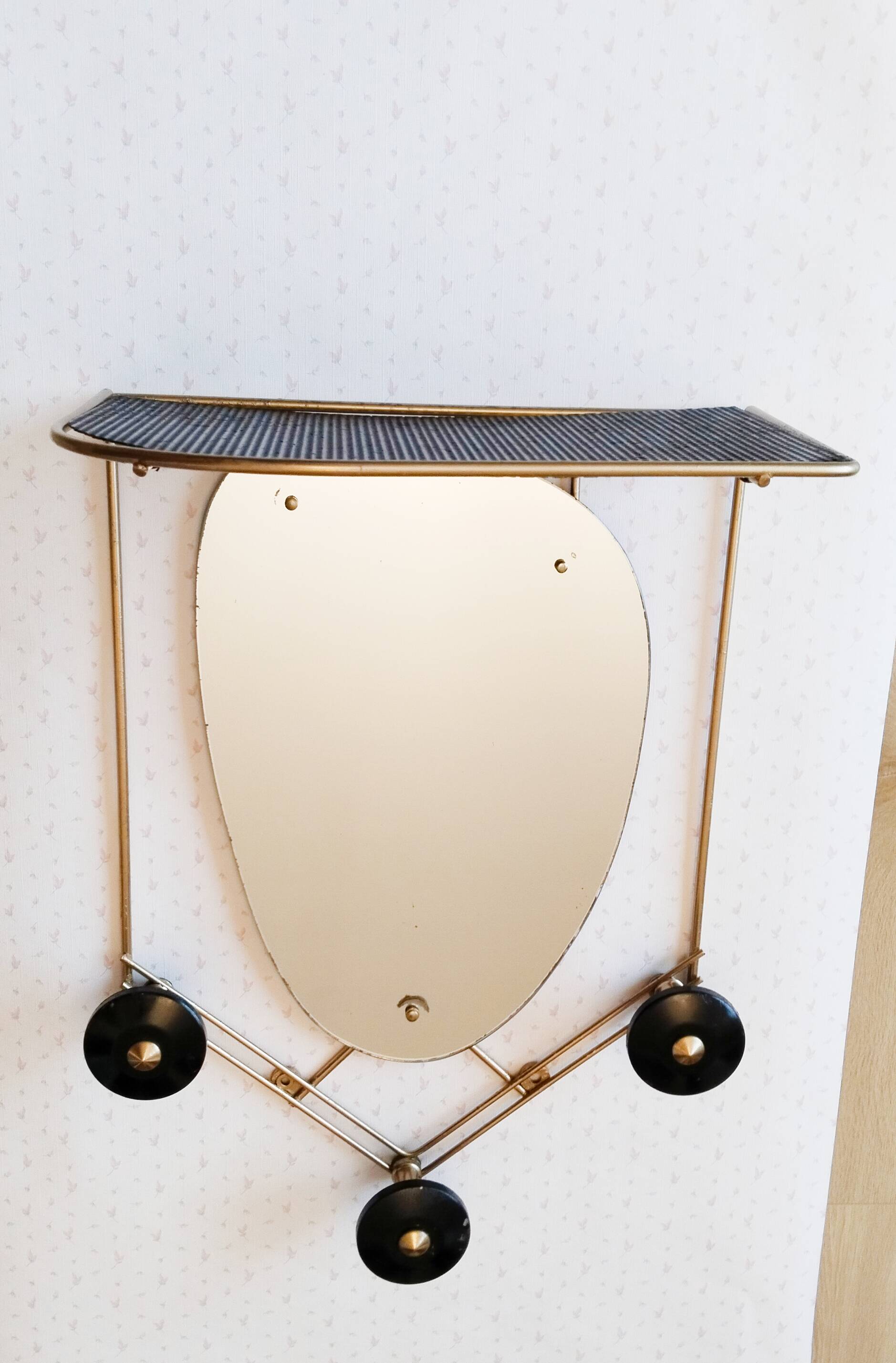 Matégot design mirror coat rack in brass and black perforated metal