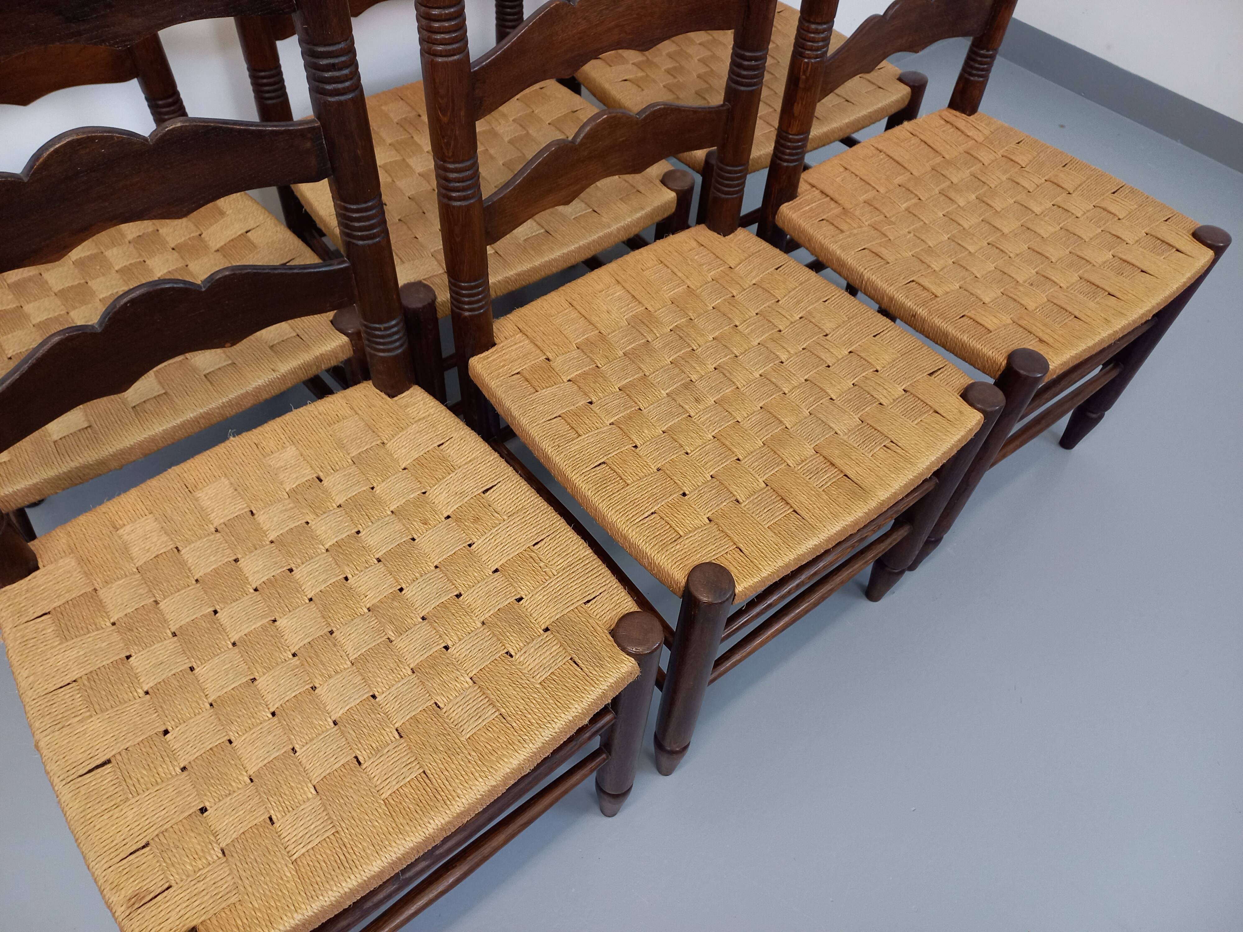 Set of 6 vintage Arts & Crafts chairs in Antonio Calligaris style in rope oak wood from the 50s