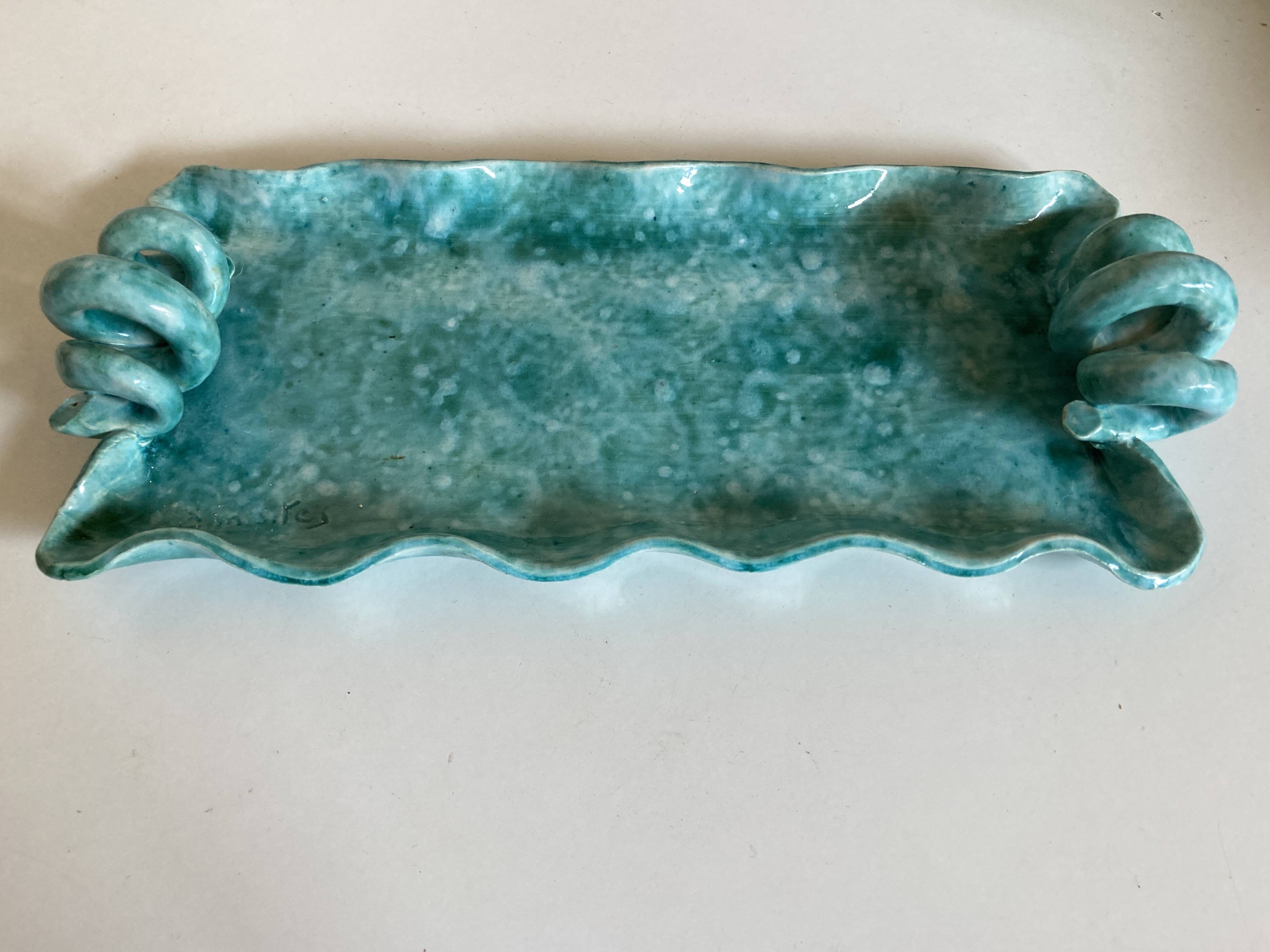 Wavy turquoise glazed earthenware plate 1960 Provence
