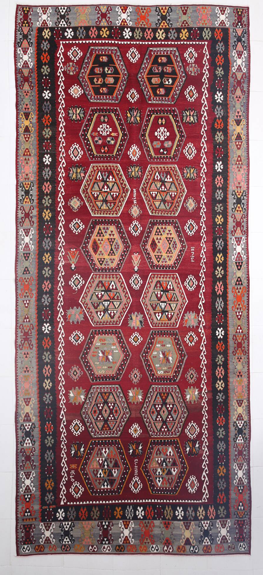 6x15 Wine Red & Green Vintage Kilim Rug, 198x468Cm