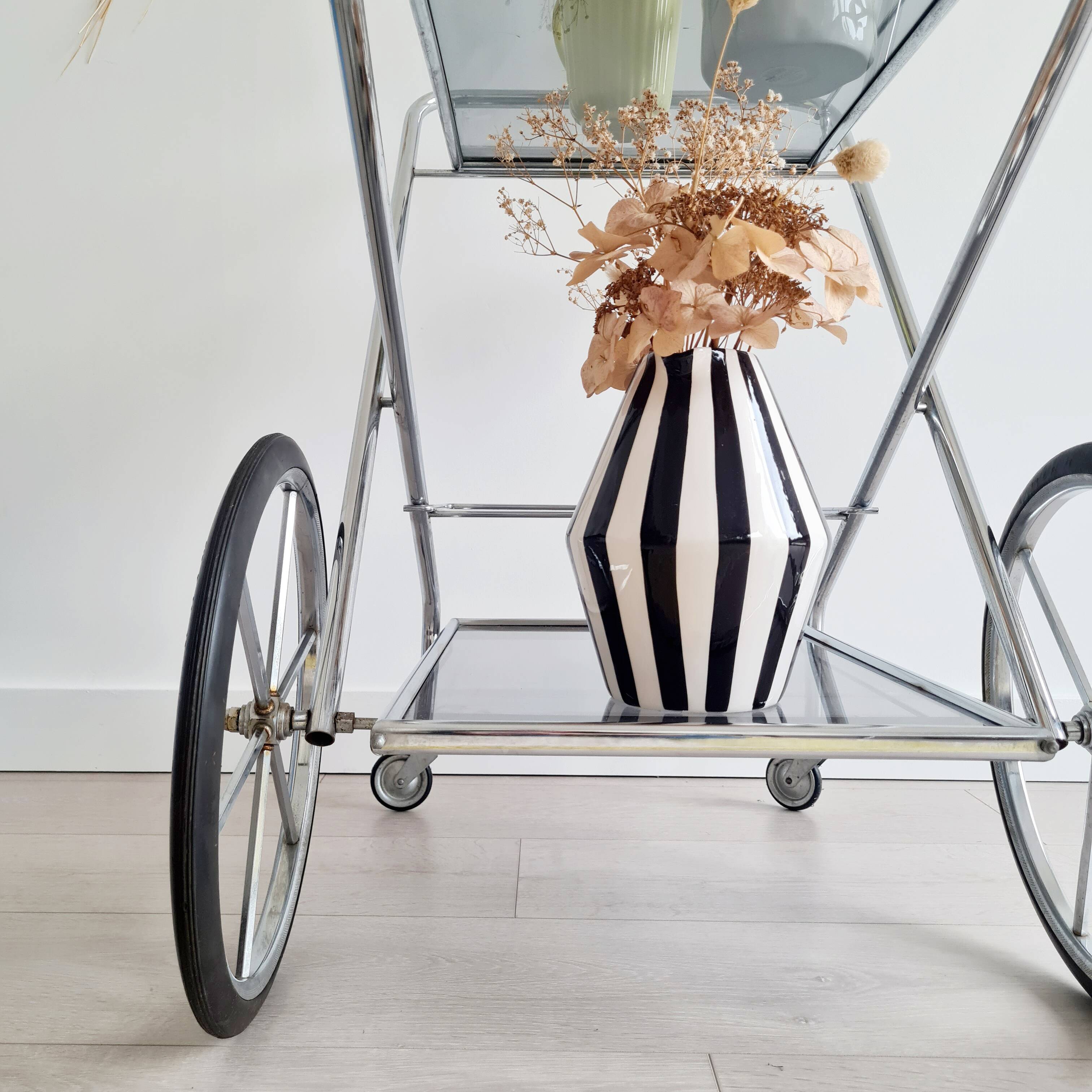 Rolling trolley - chrome and glass shelves