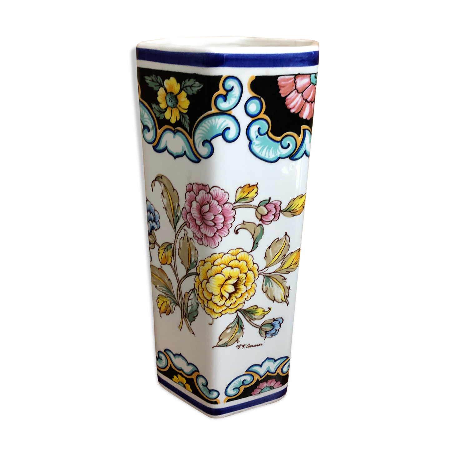 Old hexagonal vase v v carraresi ceramic white decoration flowers vintage