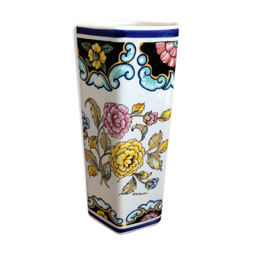 Ancien vase hexagonal v v carraresi céramique blanche décor fleurs vintage