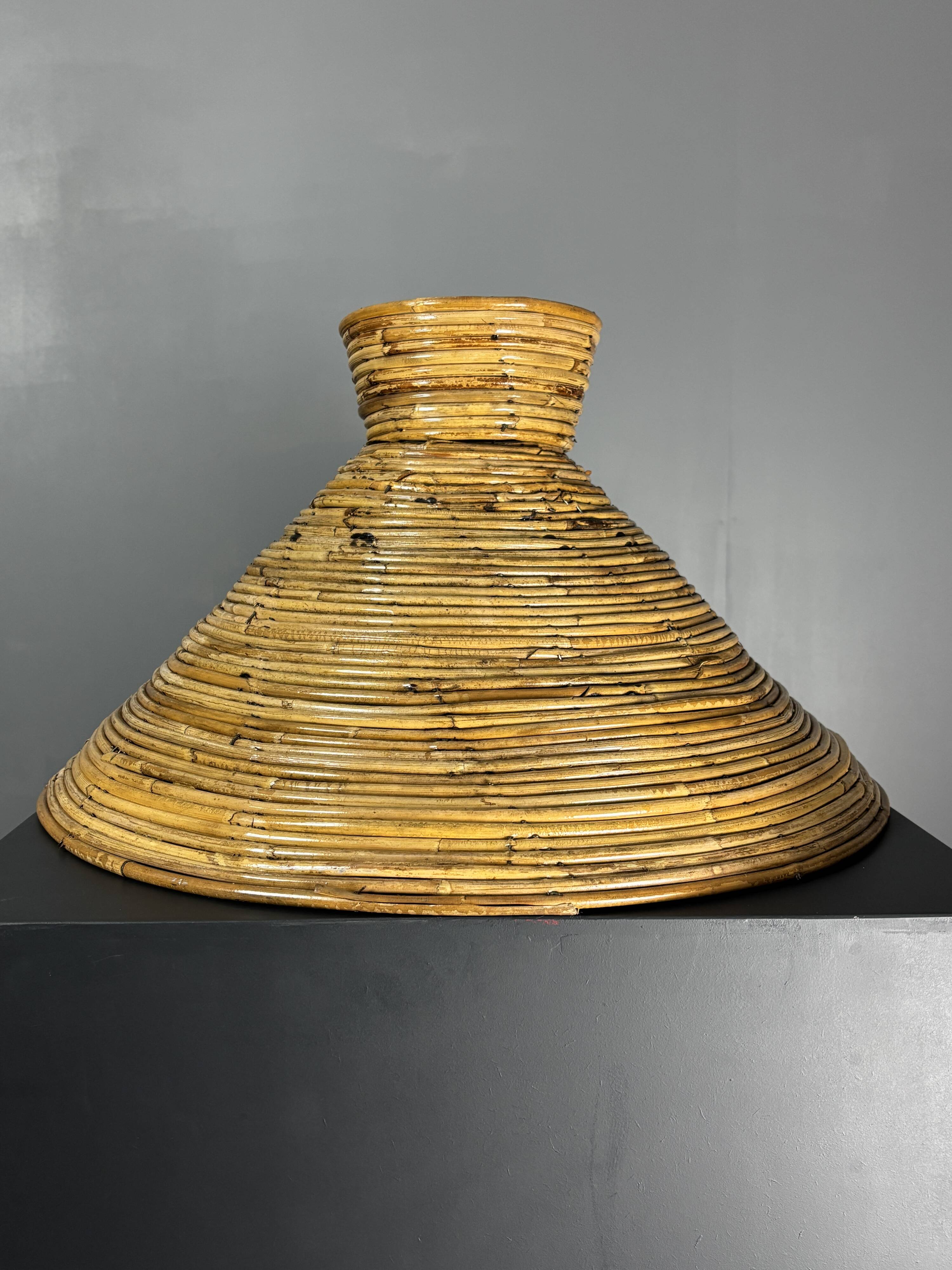 Midcentury pair pencil rattan large ( 62 cm ) pendants, Italy 1970s