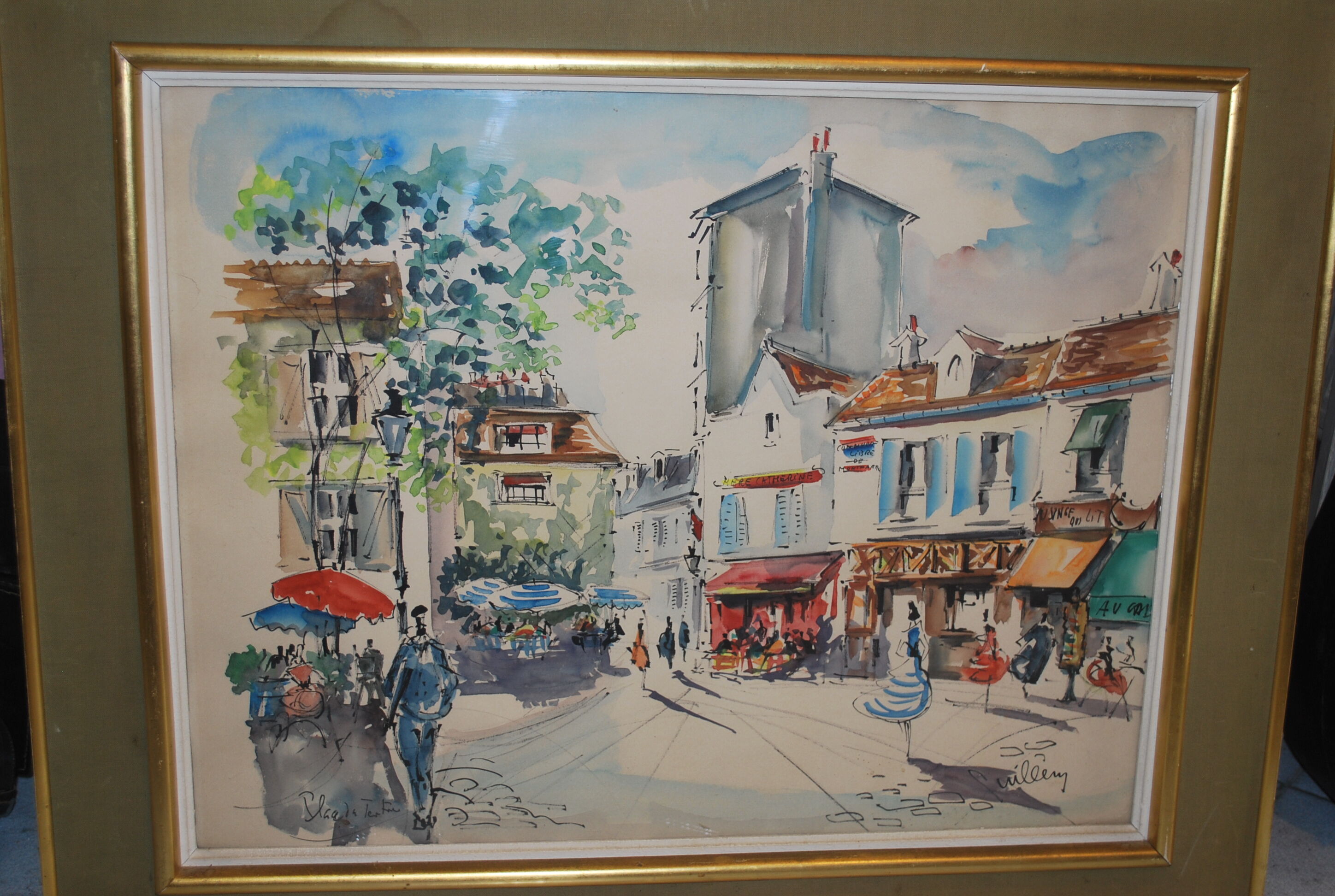 Tableau aquarelle Montmartre Place du Tertre Paris signé Guillery