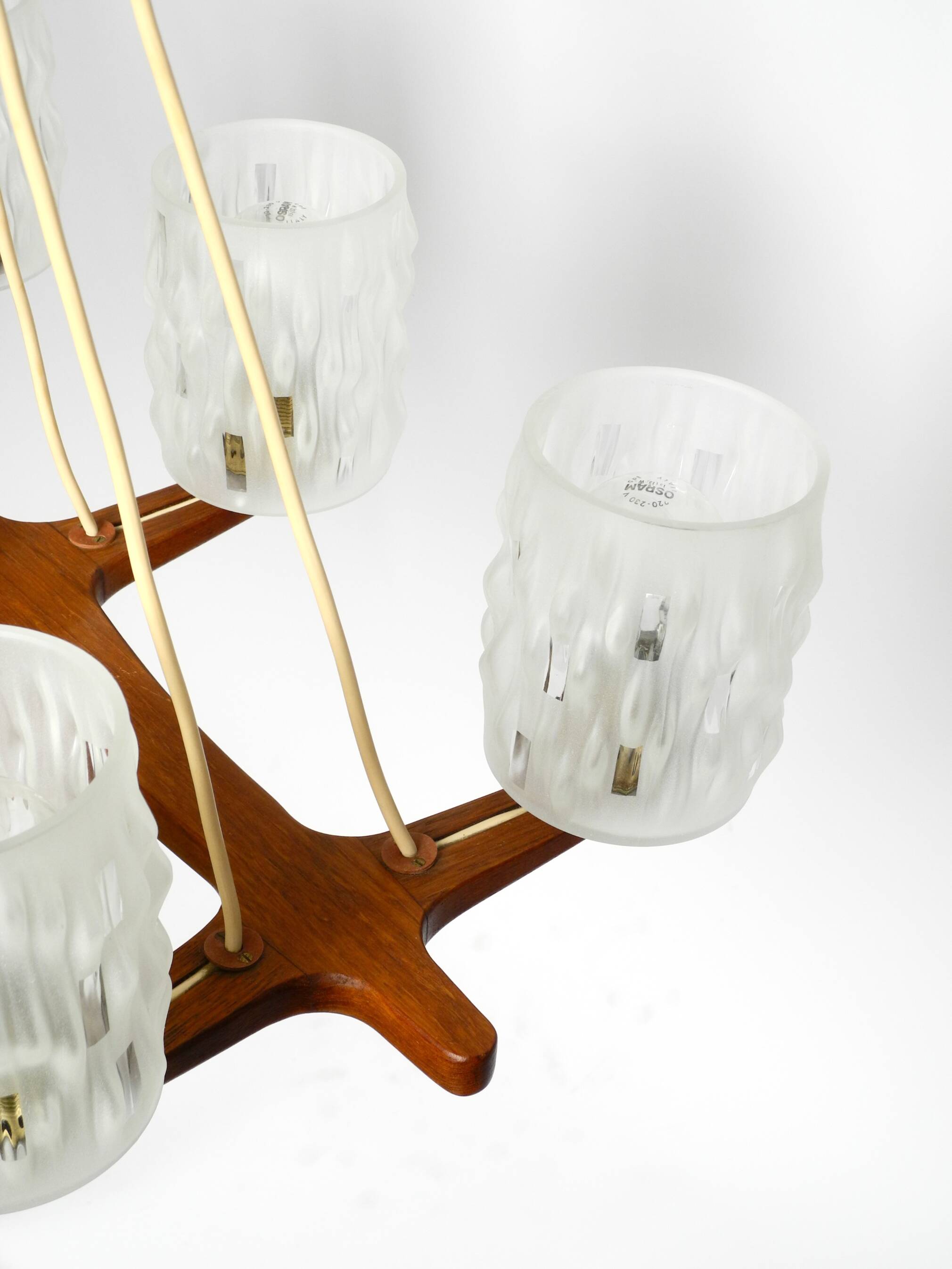 Beautiful 6-armed Scandinavian 1960s ceiling lamp made of teak and with gla