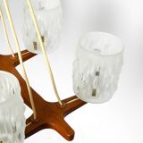 Beautiful 6-armed Scandinavian 1960s ceiling lamp made of teak and with gla